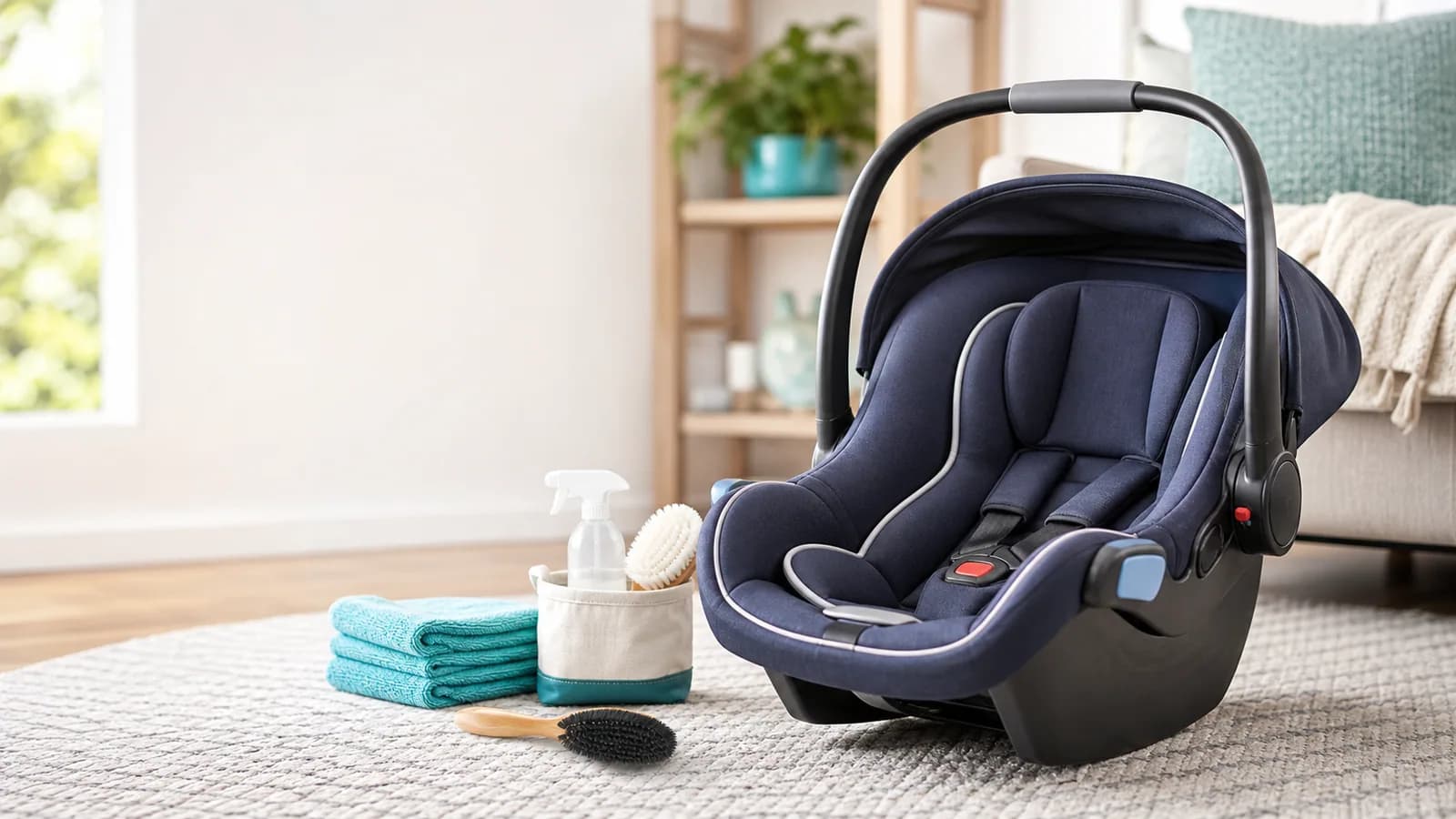 Clean baby car seat with professional detailing tools in a bright home