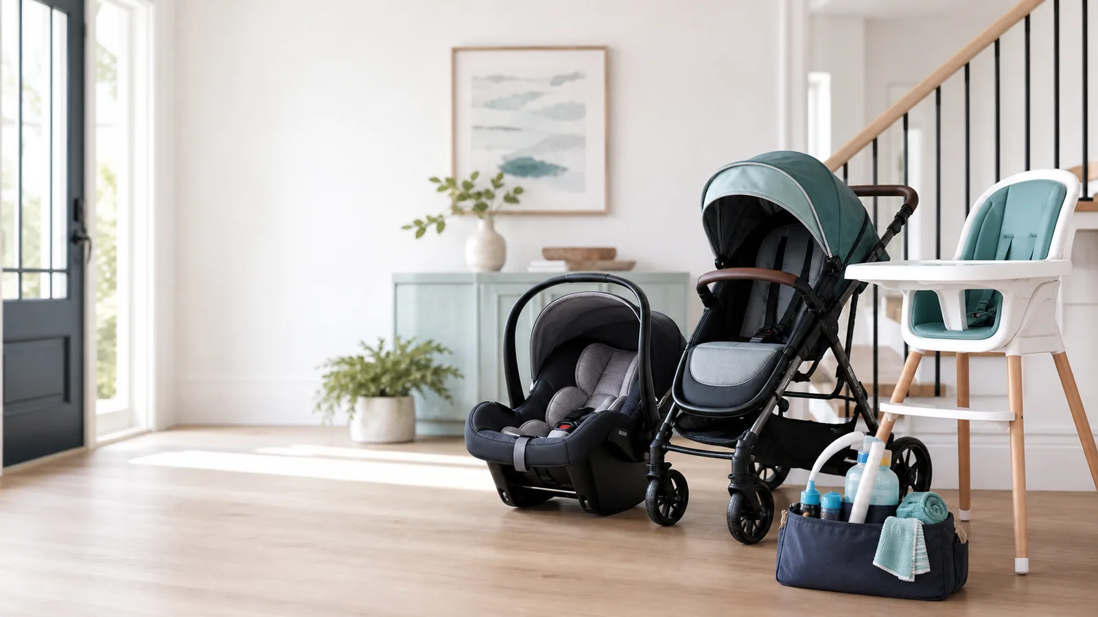 Clean car seat, stroller, and high chair arranged in a bright family home