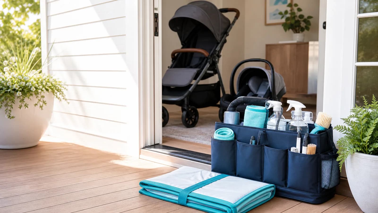 Mobile baby gear cleaning equipment arranged at a customer doorstep