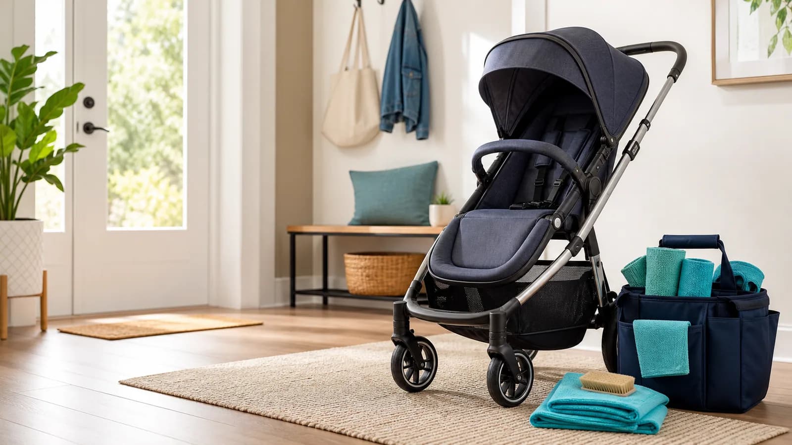 Clean stroller with a mobile baby gear cleaning kit in a bright entryway